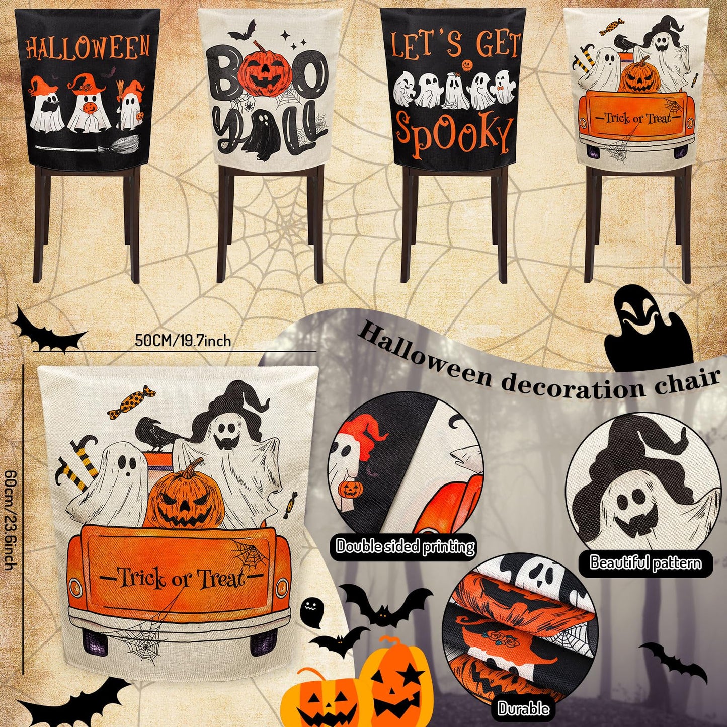 JarThenaAMCS 4Pcs Halloween Chair Covers Spooky Ghost Boo Y' All Seat Covers Washable Black Dining Chair Slipcover Protector for Home Kitchen Decor