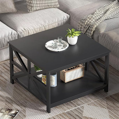 GreenForest Modern Living Room Coffee Table with 2 Tier Storage, Small Square Wood and Metal Farmhouse Center Table with Seamless One-Piece Tabletop, 27.55 Inch, Black