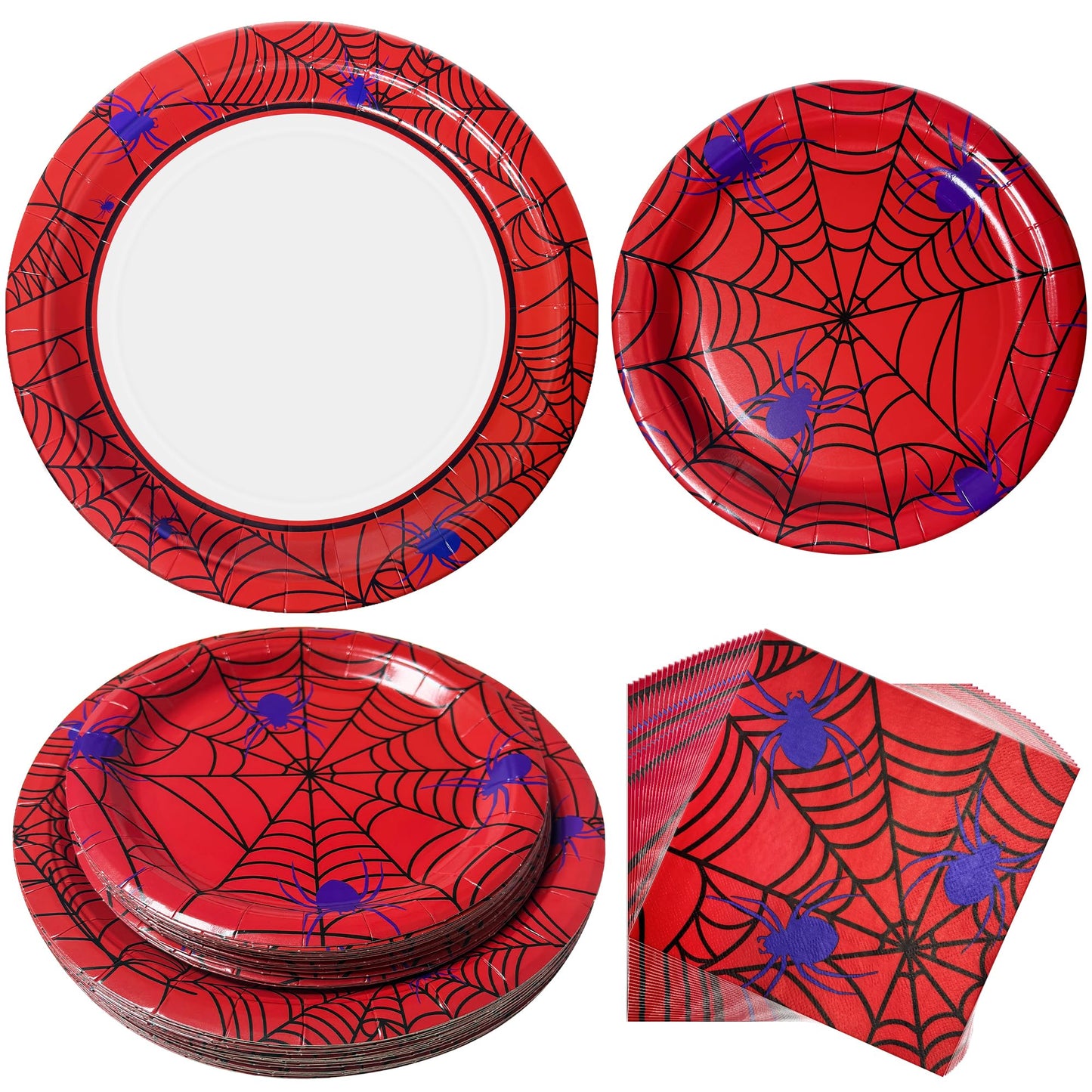 Watch Me Fly 75pcs Spider Party Supplies - Disposable Spider Web Paper Plates & Napkins (25pcs 9" & 7" Plates, 25pcs Napkins) for Birthdays, Halloween, Birthday, and Parties Decoration