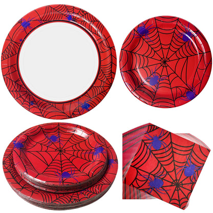Watch Me Fly 75pcs Spider Party Supplies - Disposable Spider Web Paper Plates & Napkins (25pcs 9" & 7" Plates, 25pcs Napkins) for Birthdays, Halloween, Birthday, and Parties Decoration