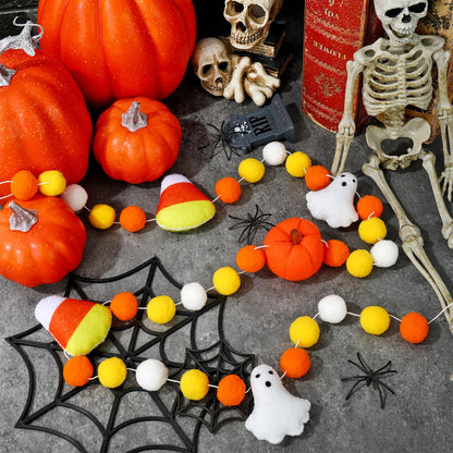 Whaline Halloween Felt Ball Banner Candy Corn Ghost Pumpkin Hanging Banner 3D Yellow White Pom Pom Garland for Halloween Party Supplies Fireplace Wall Home Decoration