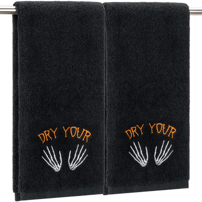 EraGleeVibe 2 Pcs Halloween Gothic Skull Skeleton Embroidered Hand Towels Black Dry Your Hands Cotton Towel for Bathroom Home Kithcen Skeleton Bathroom Towels Gift 13.4 x 29.5 Inch