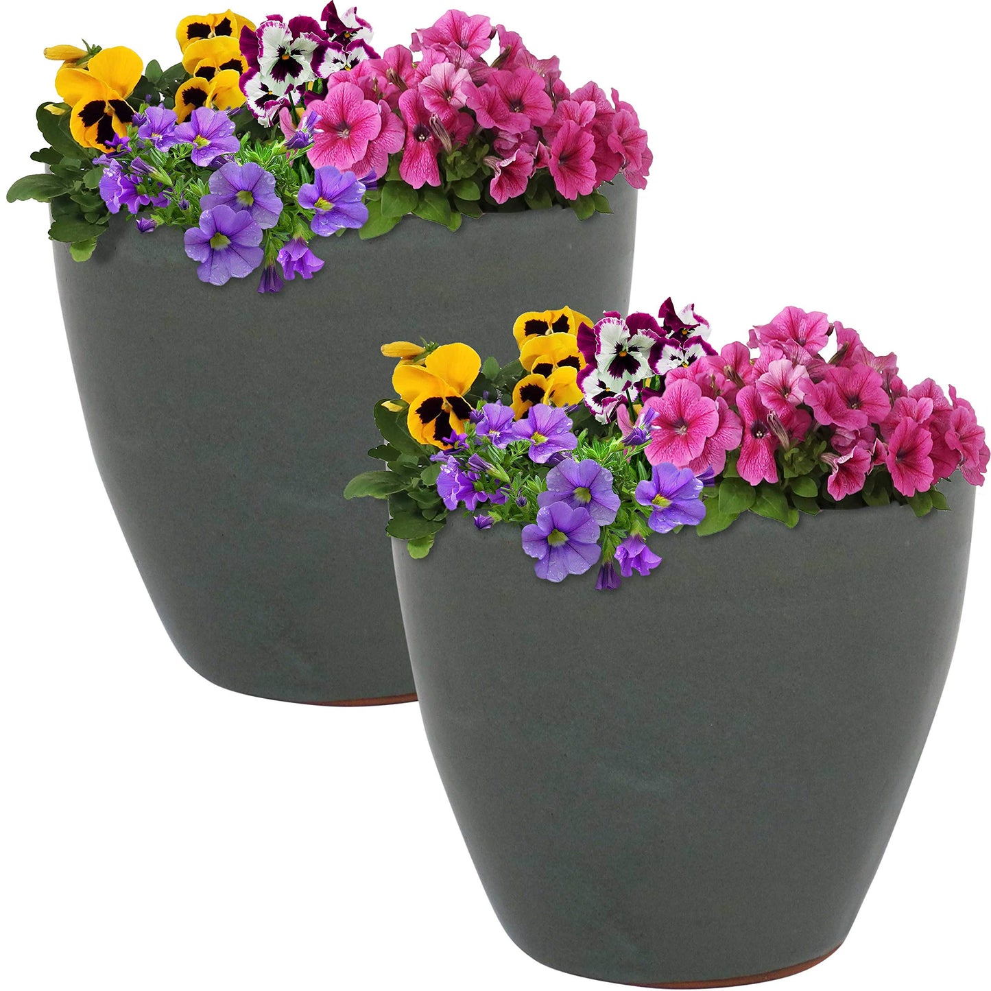 Sunnydaze Resort Round Ceramic Planter - Set of 2 Indoor or Outdoor Plant Pots with Drainage Hole - 8" - Gray Glaze