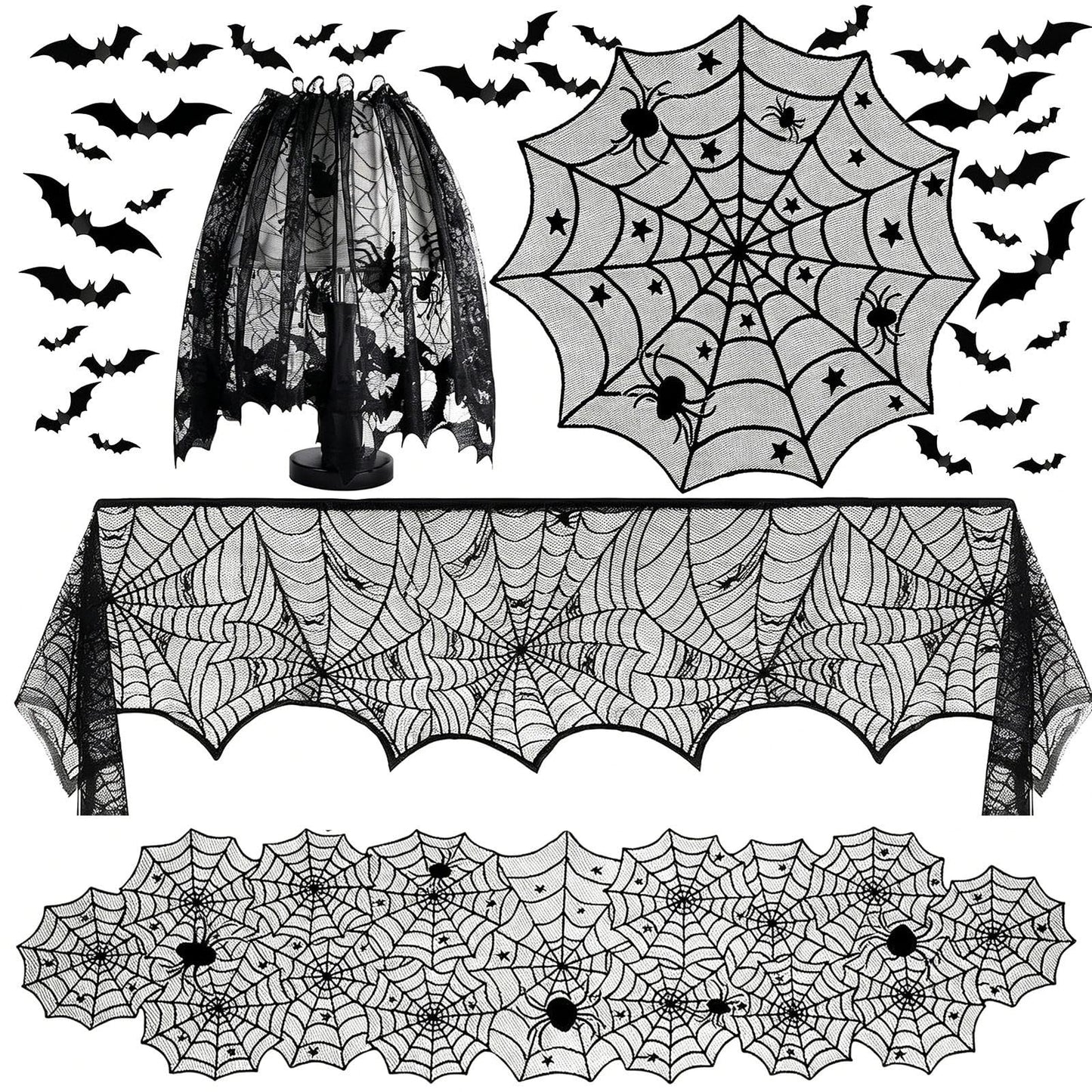 Zoonlinpp 5 Pack Halloween Decorations Indoor Black Lace Table Runner Fireplace Mantel Scarf Cover Spider Web Tablecloth Cobweb Lampshade with 32 Pcs Bat Wall Stickers Spooky Party Decor