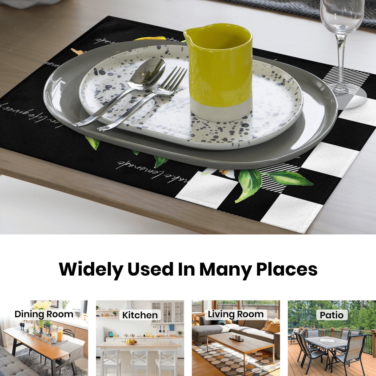 Placemats Set of 4, Yellow Lemon Non Slip Heat Resistant Linen Fabric Cotton Cloth Place Mats, Buffalo Plaid Black Square Washable Dining Table Mat for Summer Fall Rustic Farmhouse Home Kitchen Decor