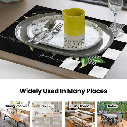 Placemats Set of 4, Yellow Lemon Non Slip Heat Resistant Linen Fabric Cotton Cloth Place Mats, Buffalo Plaid Black Square Washable Dining Table Mat for Summer Fall Rustic Farmhouse Home Kitchen Decor