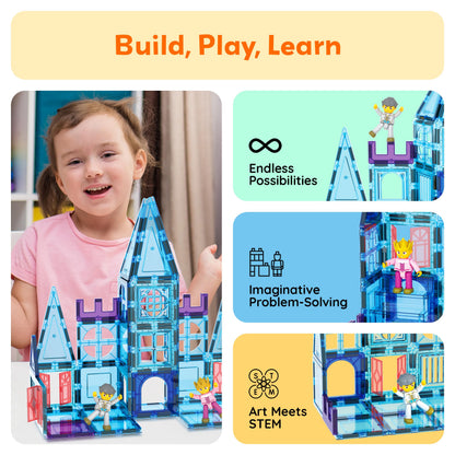 PicassoTiles 72 Piece Magnetic Building Tiles Castle Winter Ice Theme Construction Magnet Block Set with Princess Prince Character Stairs Windows Doors STEM Learning Educational Toy Kids Ages 3+ PT72