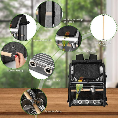 Bird Carrier Bag with Indestructible Stainless Steel Mesh, Bird Travel Cage with Stand, Easy to Clean Backpack for Parrot, Portable Bird Travel Bag, Black