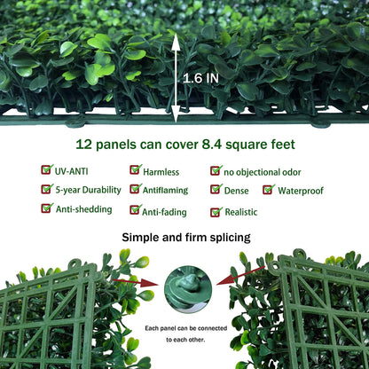 ODTORY Artificial Grass Wall Panel Backdrop,10" X 10" 12P(8.4 sqft) UV-Anti Greenery Boxwood Panels for Indoor Outdoor Green Wall Decor & Ivy Fence Covering Privacy