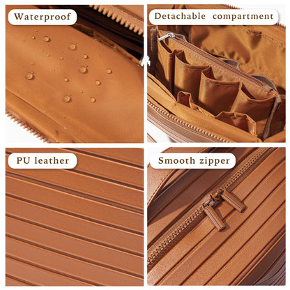Minoisome Travel Makeup Bag,PU leather toiletry bag,make up organizer case for women,Large Capacity Cosmetic Bag,Wide-open Pouch Purse，Toiletries Accessories，Fold-Down Design and Adjustable Dividers.