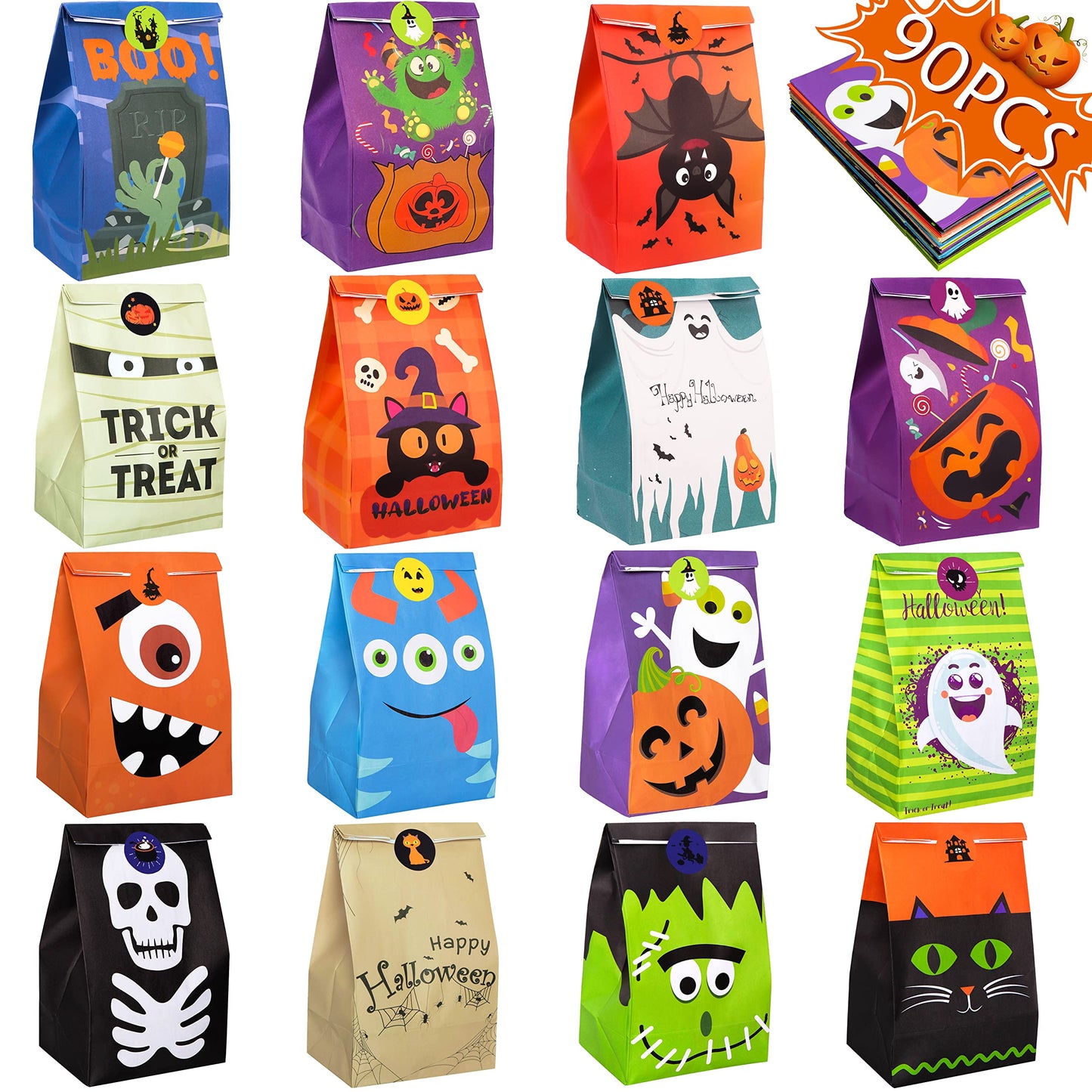 90shine 90PCS Halloween Treat Bags Party Favors - Trick or Treat Candy Goodie Gift Bag Stuffer Filler Paper Supplies Decorations with 90 Stickers