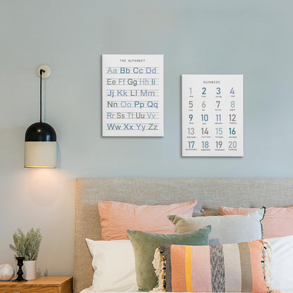 HRQKO Alphabet Numbers Nursery Canvas Wall Art Set of 2, Kids Room Decor Framed Art, Blue ABC Numbers Educational Posters Wall Decor for Classroom Toddler Kids Nursery Bedroom Playroom, 11x14 inch