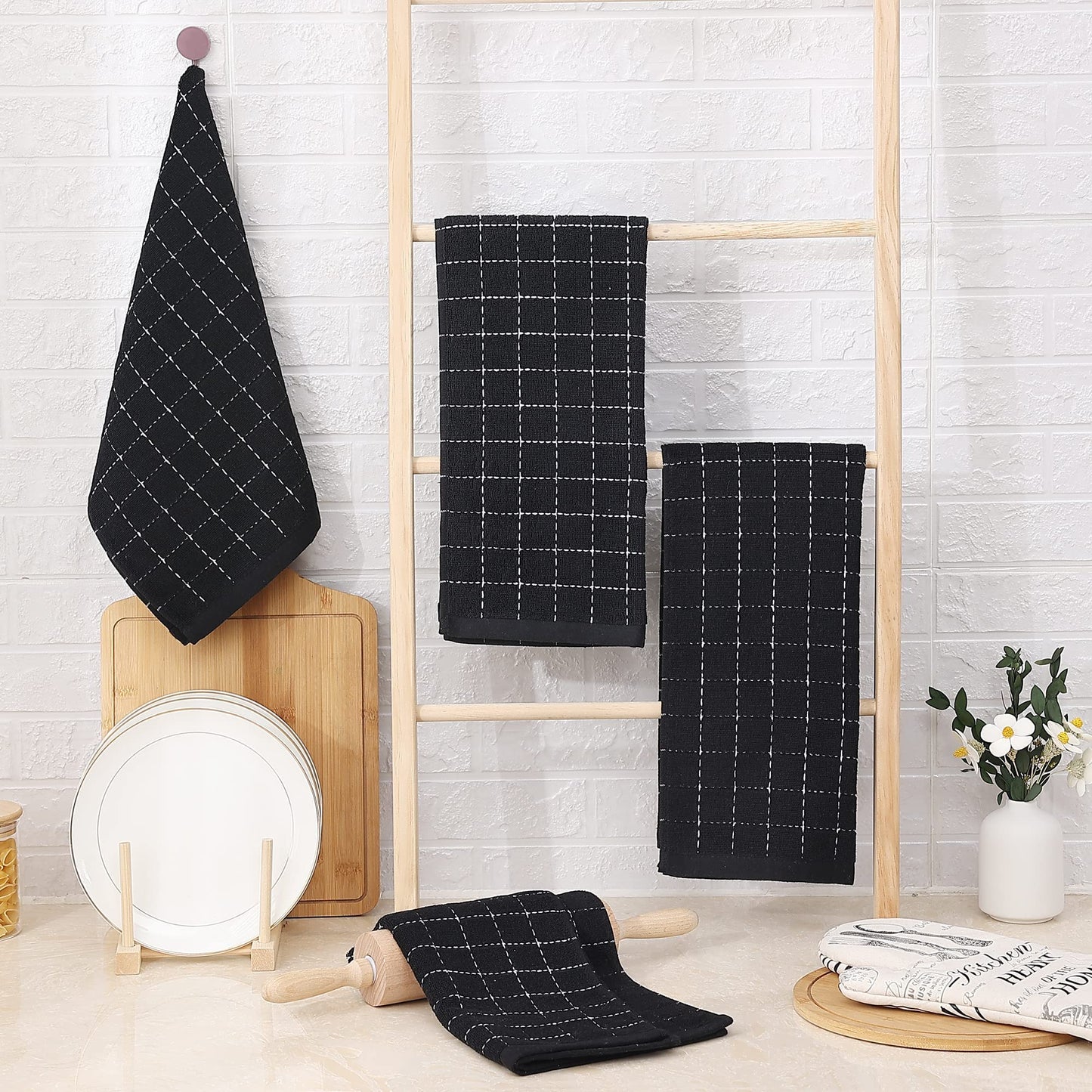 Homaxy 100% Cotton Terry Kitchen Towels(Black, 13 x 28 inches), Checkered Designed, Soft and Super Absorbent Dish Towels, 5 Pack