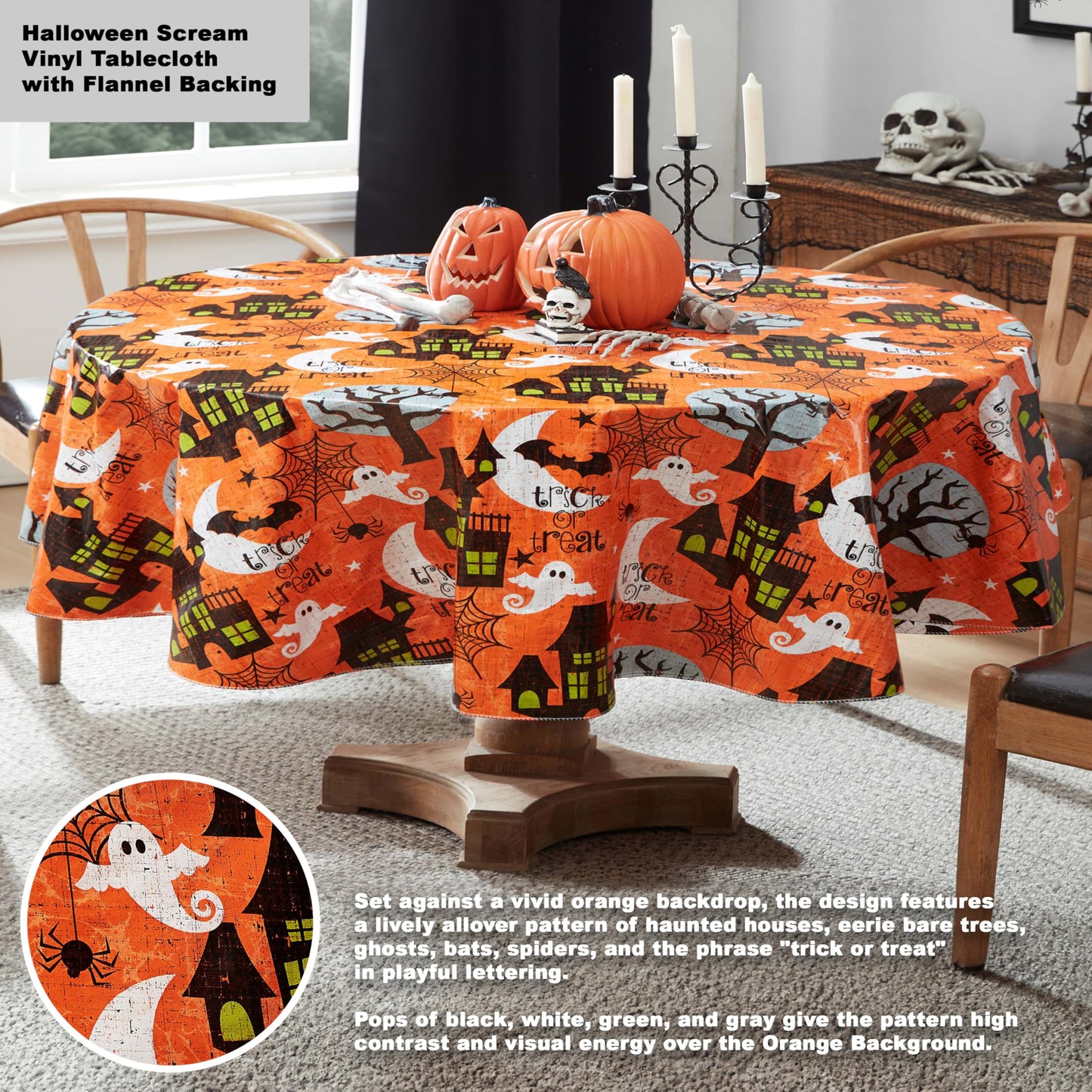 Newbridge Halloween Scream 60 x 84 Inch Oval Vinyl Tablecloth with Flannel Backing, Haunted House Ghost and Bat Design, Easy Care Wipe Clean Halloween Table Cover
