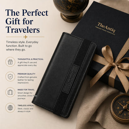 TheAntiq Black Leather Long Passport Wallet - Travel Document Organizer with Card Slots ID Window Zipper Pocket Slim Passport Holder for Travel & Everyday Use, 5 x 9