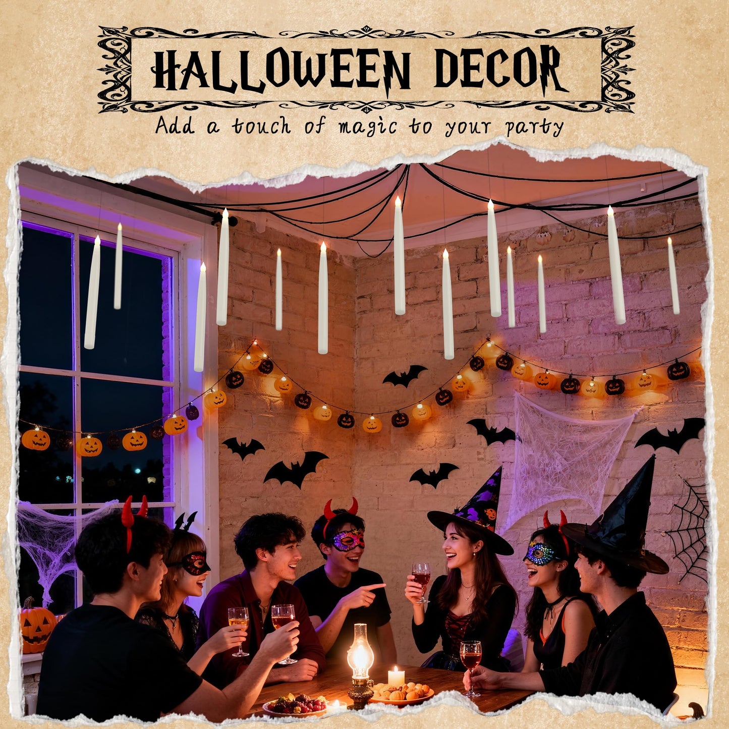 Prerish 20PCS Floating Candles with Wand, Magic Halloween Hanging Candles, Flickering Battery Operated Taper LED Flameless Candles with Wand Remote for Halloween Decorations Gifts Indoor