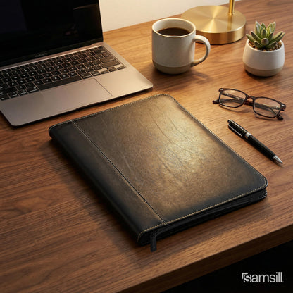 Samsill Contrast Stitch Leather Zippered Portfolio Folder/Business Portfolio for Men and Women, Resume/Document Organizer with Writing Pad, Black (71720)