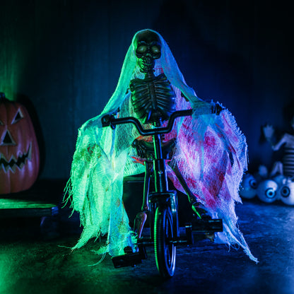 Animated Skeleton Riding Bike Prop – Moving Halloween Decoration with Lights and Spooky Sounds, Creepy Corpse Animatronic for Indoor & Outdoor Haunted House, Scary Yard Decor, Funny Novelty Skeletons