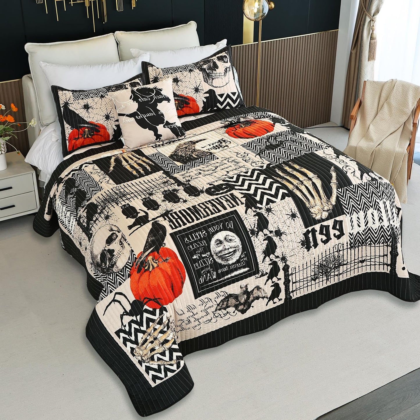 Halloween Quilt Set Queen Size,Black Orange Reversible Quilt Bedding Set 4PCS,Cat Pumpkin Spider Festival Themed Bedspread Full,Decorative Bedding Coverlet with 3 Pillow Shams(Orange&Black,90"x90")