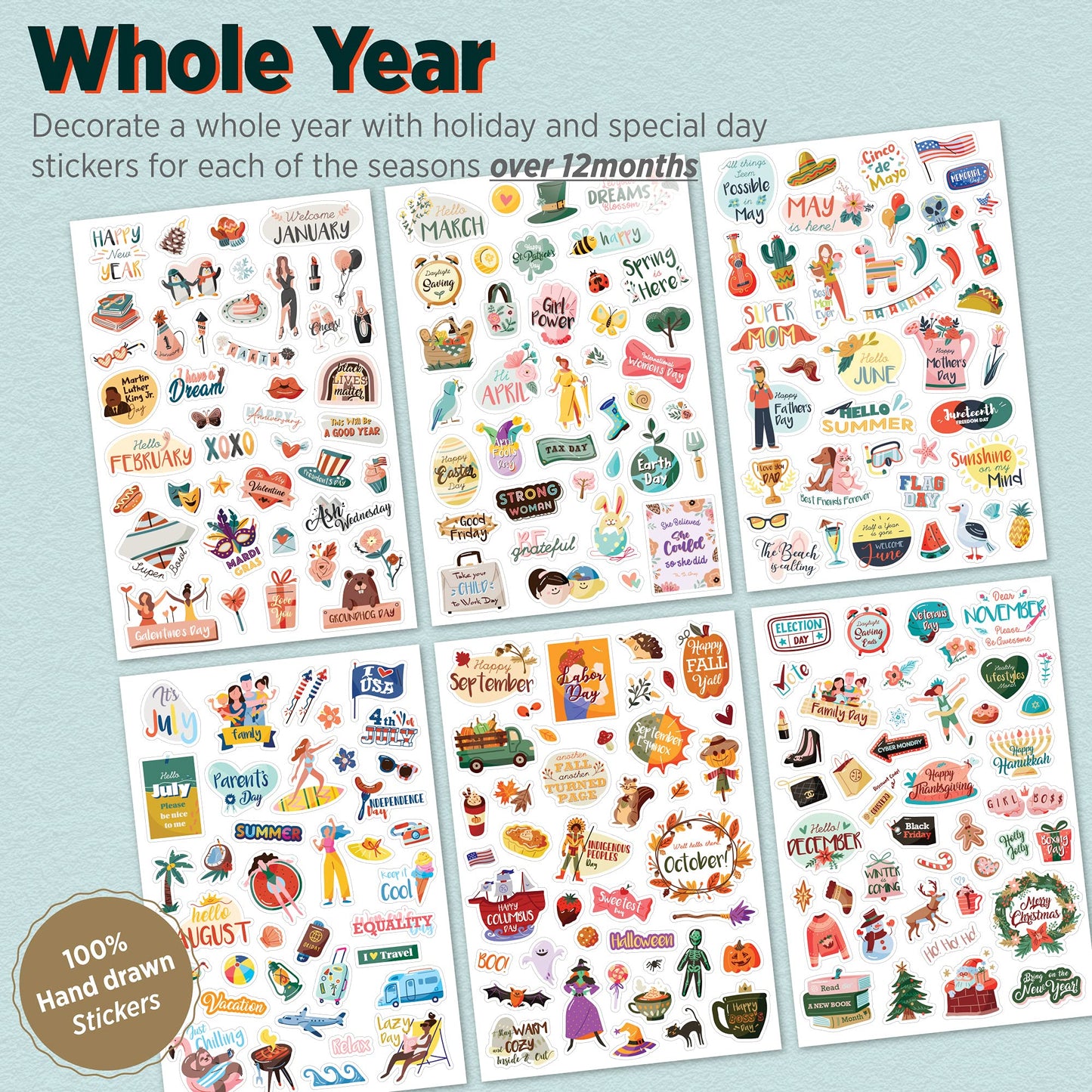 Happy Holiday Seasonal Planner Sticker Pack - 500+ Cute Stickers for Daily Planners - Monthly Events, Halloween, Calendars, Journal, Female Emprovement, Teachets, +6 Water Bottle Sticker Pack
