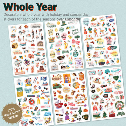 Happy Holiday Seasonal Planner Sticker Pack - 500+ Cute Stickers for Daily Planners - Monthly Events, Halloween, Calendars, Journal, Female Emprovement, Teachets, +6 Water Bottle Sticker Pack