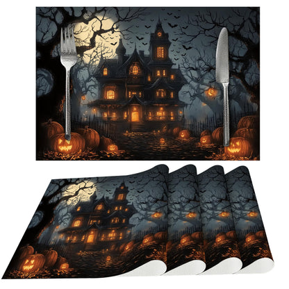 Halloween Horror Castle Placemats Set of 4 Washable Table Place Mats for Dining Kitchen Party Decor