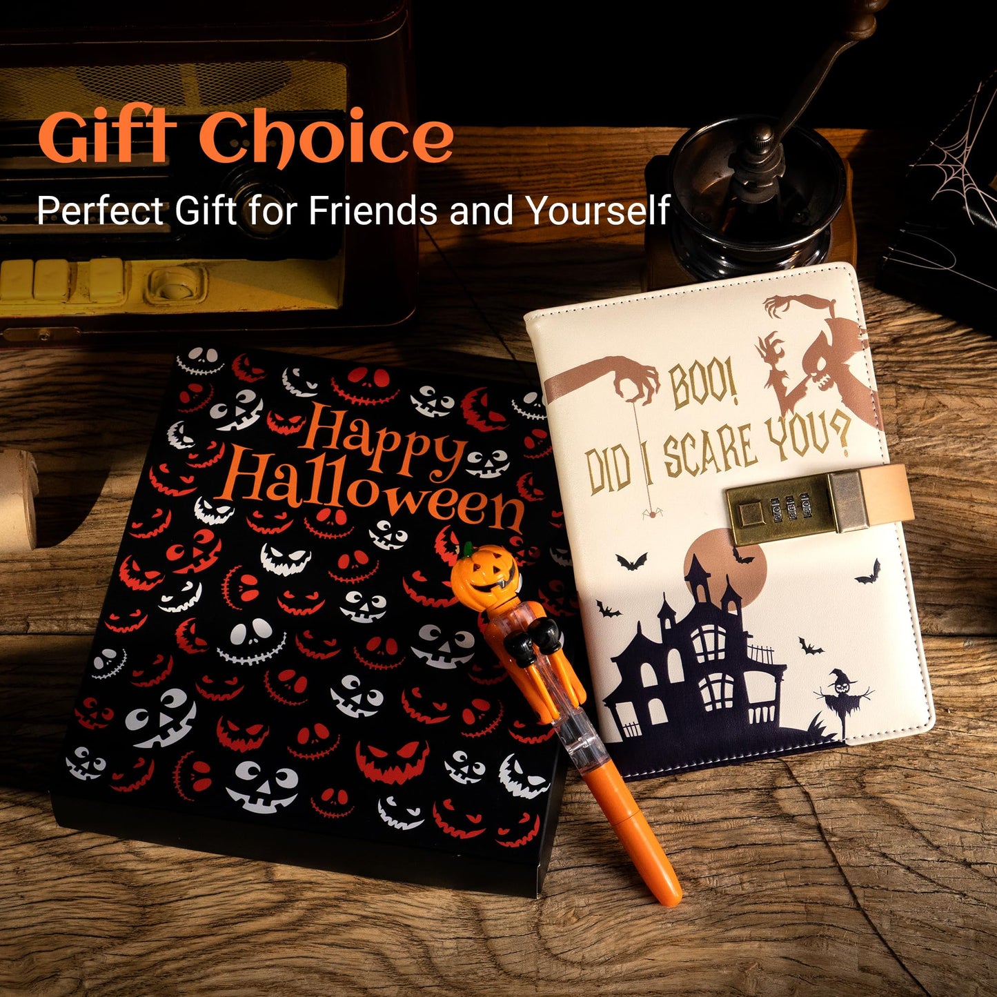 CAGIE Journal with Lock for Women Men, A5 Locked Journal with Pumpkin Pen Set, Halloween Notebook with Combination Lock 192 Pages Diary with Lock, 5.7x 8.3 Inches, White