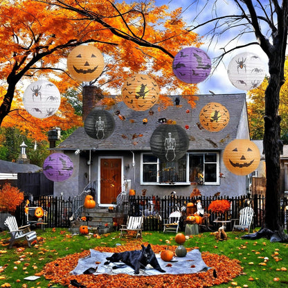 10-Pack Halloween Paper Lanterns Set – 10" Hanging Pumpkin Skeleton Bat Spider Witch Lanterns for Indoor Outdoor Halloween Party, Porch, Classroom Decorations