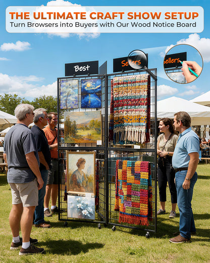 DEMEGA 360° Foldable Grid Wall Panel, Three 6' x 4.25' Ft Double Side Gridwall Display Stand with Notice board, Heavy Duty Sturdy Floorstanding Wire Grid Rack, Movable Wheel for Retail Art Craft Fairs