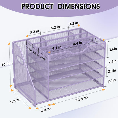 OrgMate 5 Tier Paper Letter Tray with File Holder and 3 Drop-in Pen Holders, Mesh Desk File Organizer with Handle, Desk Organizers and Accessories for School,Home, Office Supplies Storage-Purple