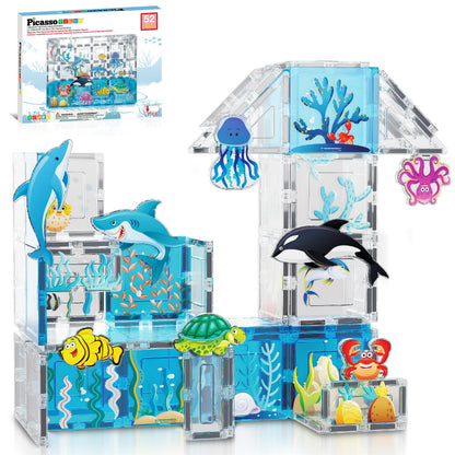 PicassoTiles Magnet Tiles Magnetic Building Blocks Aquarium Marine Animal Theme Set with 8 Character Action Figures Shark Crab Turtle STEM Toys Construction Preschool Toddlers Kids Boys Girls 3+ PTQ15