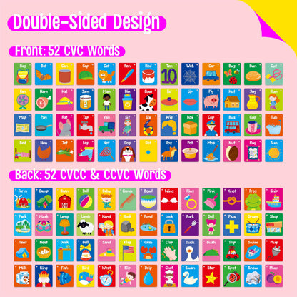 52 PCS Word Flashcards, 52 CVC Words & 52 CVCC, CCVC Words Double-Sided Cards with 2 Rings, Vocabulary Phonics Learning, Educational Tool for Preschool, Kindergarten, Toddlers