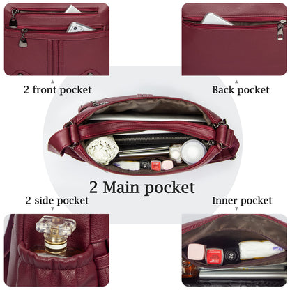 Women Soft PU Leather Shoulder Handbag Multi Pocket Crossbody Bag Ladies Medium Roomy Purses Fashion Tote Top Handle Satchel(Red)