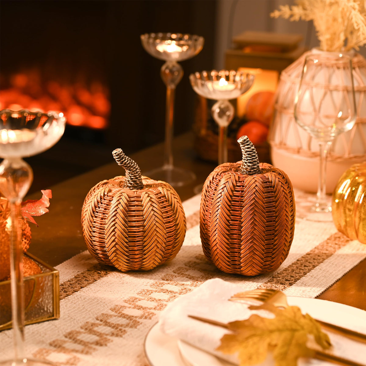 Valery Madelyn Thanksgiving Fall Decoration for Home Pumpkin Decor, 2pcs Resin Statue Artificial Rattan Pumpkins Figurine, Autumn Harvest Halloween Table Centerpieces, 6.2 inch