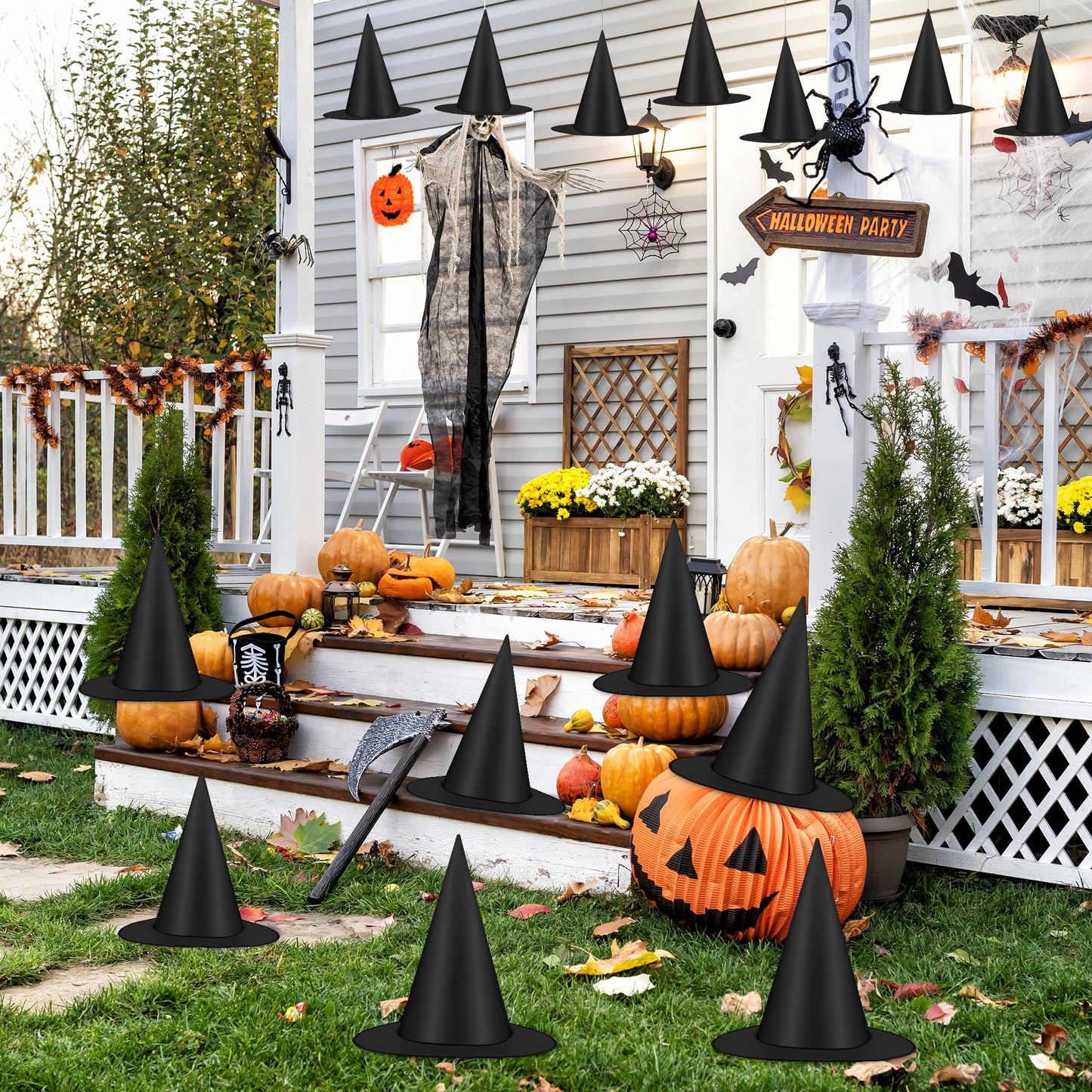 Luces 30 PCS Black Witch Hats, Witches Halloween Decor, Thickened Hanging Wizard Hat with 492 FT Rope Costume Accessory Floating Witches Hats Outdoor, Halloween Birthday Party Decorations Front Porch