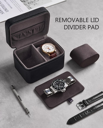 ProCase Black 12 Slot Watch Box and Black 2-Slot Watch Travel Case Bundle, 2-Tier Pull-Out Drawer Organizer, Clear Top Display Lid, Jewelry and Sunglasses Storage, Portable PU Leather Watch Holder