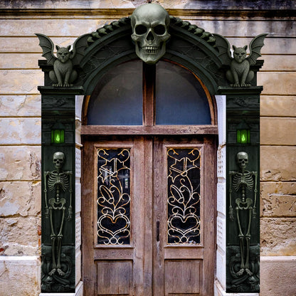 Peryiter 3 Pcs Halloween Cemetery Archway Halloween Skull Cemetery Hanging Banners Gothic Outdoor Banners Sign Banner Spooky Pillar Sign Decorations for Outdoor Party Supplies