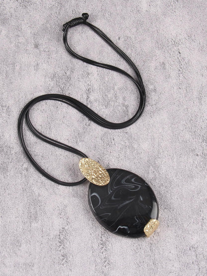 GelConnie Boho Pendant Necklace for Women Long Black Leather Cord Statement Jewelry with Large Oval Black Stone Pendant