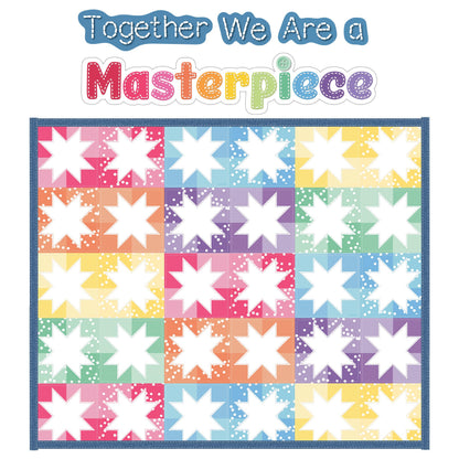 Carson Dellosa Crafty and Cool 54-Piece Together We are a Masterpiece Motivational Bulletin Board Set, Colorful Quilt Squares and Denim Strips Classroom Decor