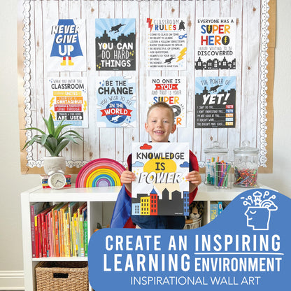 Hadley Designs Motivational Poster for Classroom Decor - 9 Growth Mindset Classroom Posters Elementary, Inspirational Wall Decor Middle School, Teacher Must Haves, Superhero Bulletin Board Decorations