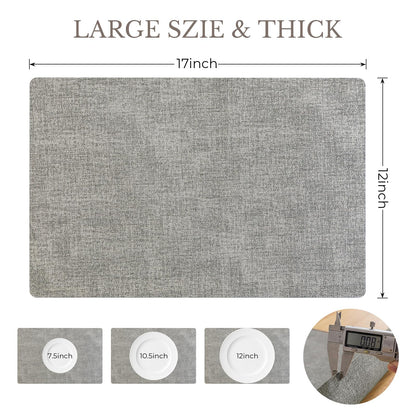 Romanstile Vinyl Placemats Set of 6-12 X 17 Inch - Faux Leather 100% Waterproof Wipeable Anti Slip Place Mats, Heat Resistant Reversible PU Table Mats for Kitchen Dining Party Outdoor, Light Grey