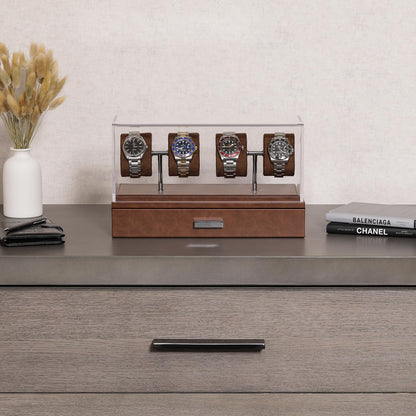 ROTHWELL Luxury Watch Display Case for 4 Watches – Leather Watch Box with Acrylic Cover and Removable Slide in Cushions – Accessory Drawer with Multiple Configurations (Tan/Brown)