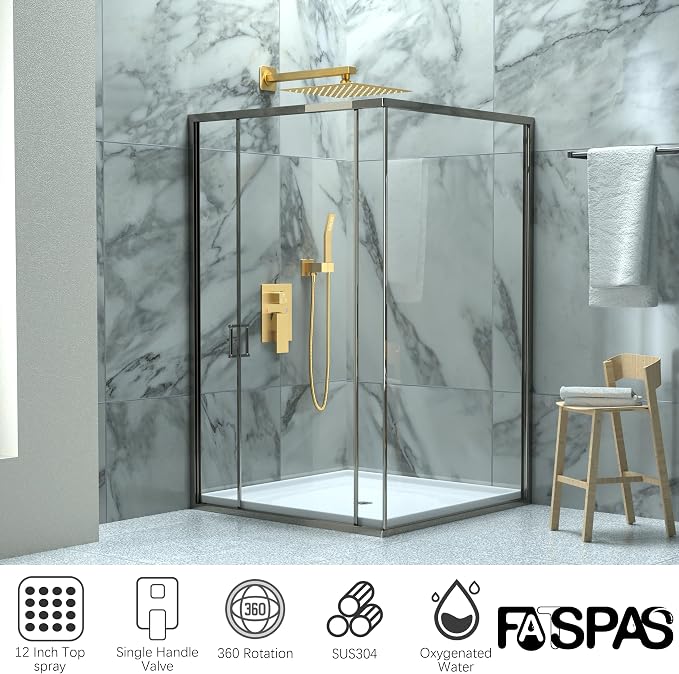 Brushed Gold Shower System with 12-Inch Rain Showerhead and Handheld | Innovative air-injection technology for low pressure, high-flow rate up to 3.22 GPM ensuring powerful consistent stream