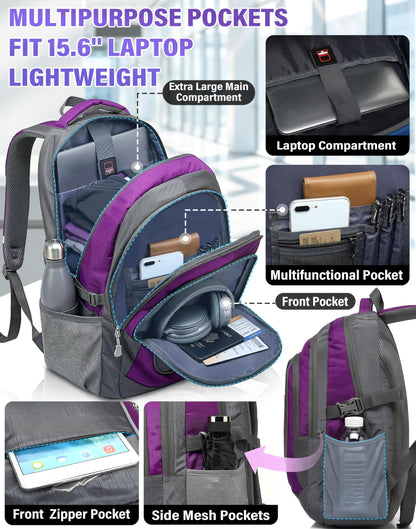 ProEtrade Backpack Bookbag for College Sturdy Travel Business Hiking Fit Laptop Up to 15.6 Inch Multi Compartment Gifts for Men Women Night Light Reflective (Purple A)
