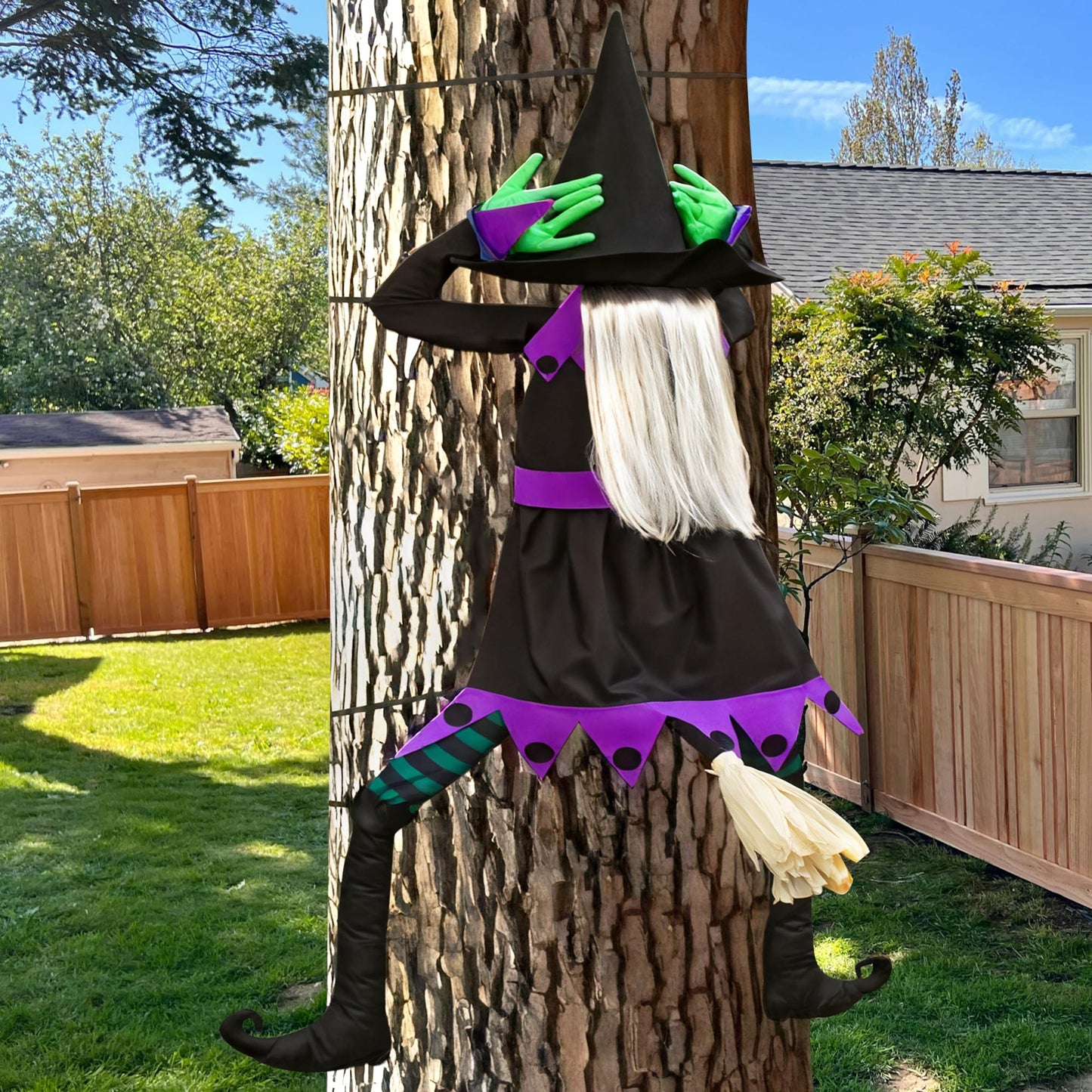 KwenPart 57" Large Flying Crashing Witch Into Tree Halloween Decoration - Funny Head-Clutching Outdoor Hanging Witch with 3D Effect Broom for Yard, Porch, Tree, Fence, Door - Weather-Resistant Decor