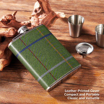 Luxury 8 Ounce Stainless Steel Hip Flask Gift Set with 2 Shot Glasses and Funnel Leather-Printed Cover (Denim Fabric Pattern)