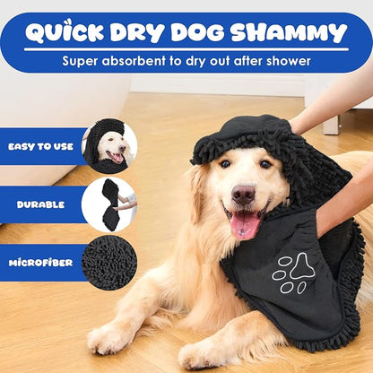 Dog Towel Microfiber, Black | Super Absorbent, Fast Dry, Hand Pockets, Large & Small Dogs, Machine Washable
