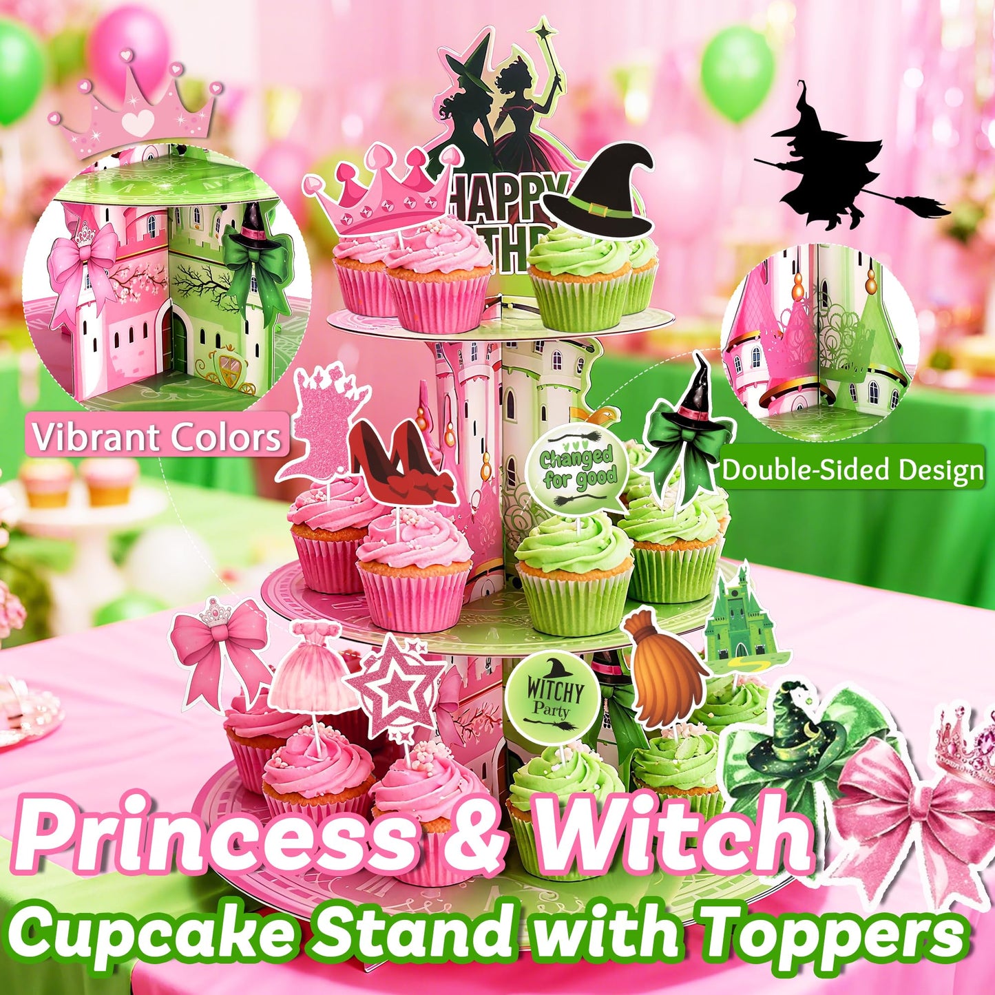Princess and Witch Cupcake Stand with Cupcake Toppers – 3 Tiers Pink and Green Wizard Cupcake Tower with 24 PCS Witch and Fairy Cupcake Toppers for Birthday Decorations