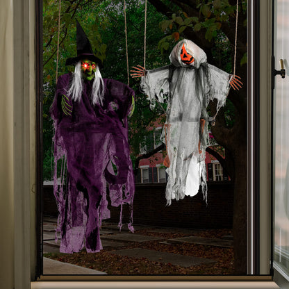 JOYIN 2 Pcs Halloween Hanging Swinging Ghosts Decorations Outdoor, Witch and Pumpkin Face with Lighted Up Eyes, Outside for Yard Patio Lawn Garden Party