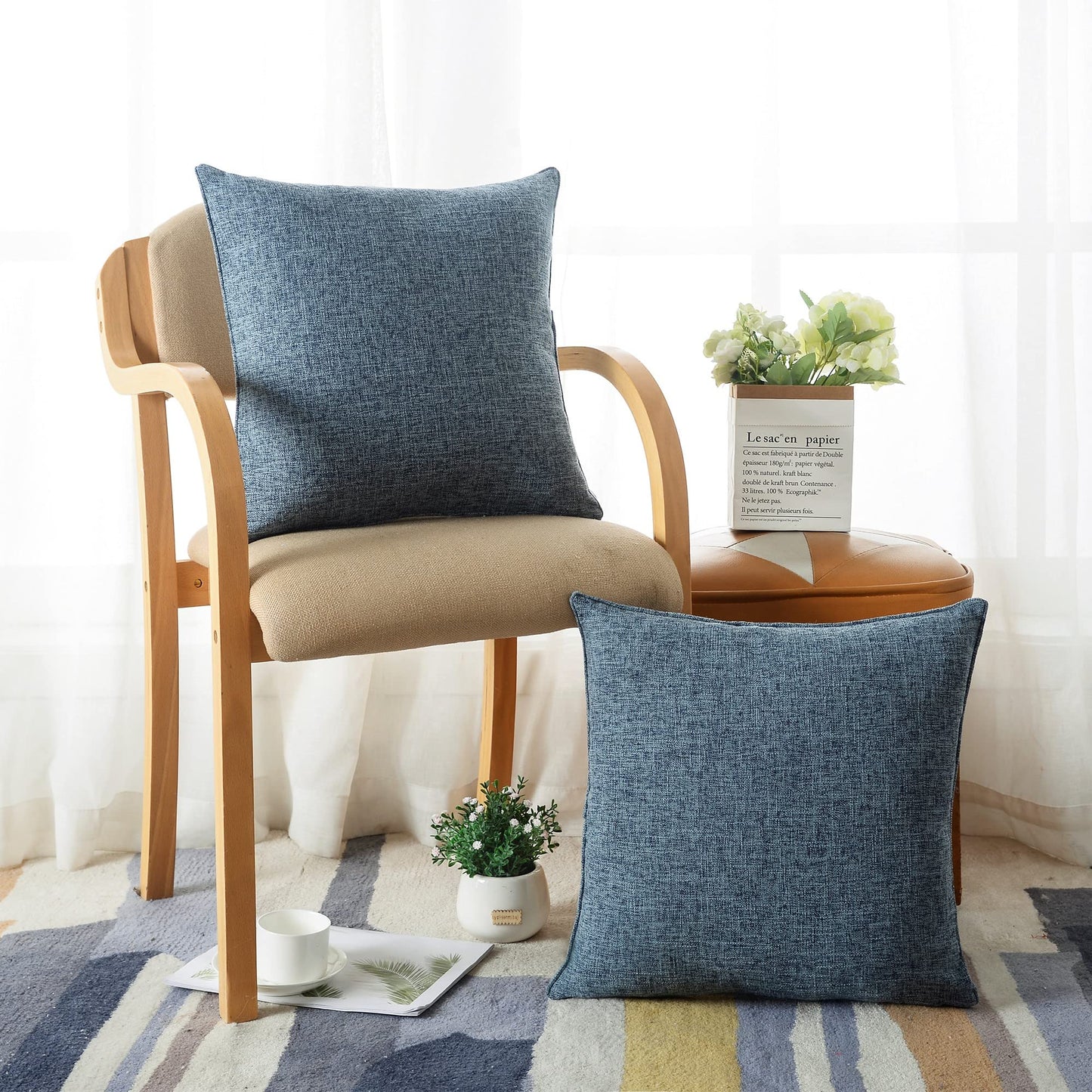HPUK Decorative Throw Pillow Covers Set of 4 Square Couch Pillows Linen Cushion Cover for Couch Sofa Living Room, 18"x18" inches, Blue